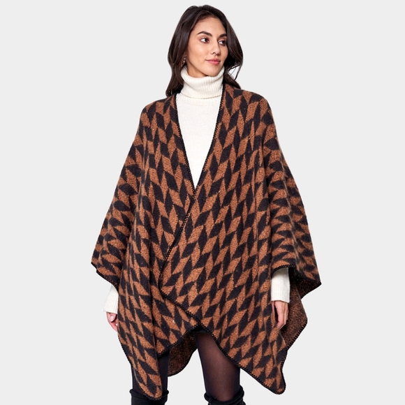 Brown Geometric Print Knit Shawl Poncho Sweater Open Front Cape Womens Wrap - Picture 1 of 5